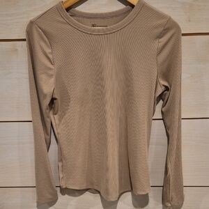 No Boundaries Ribbed Long-Sleeve Crewneck Top - Taupe Womens Size L